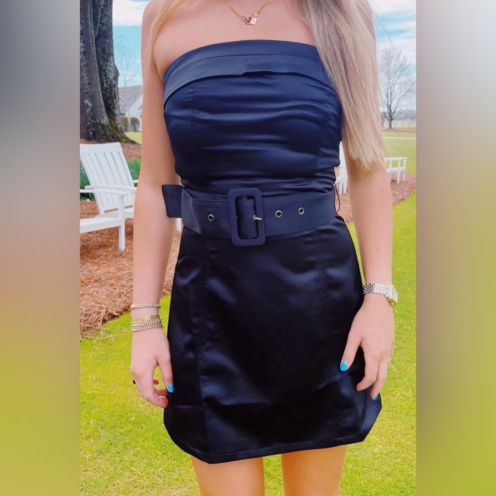 Elegant Black Satin Dress with Belt